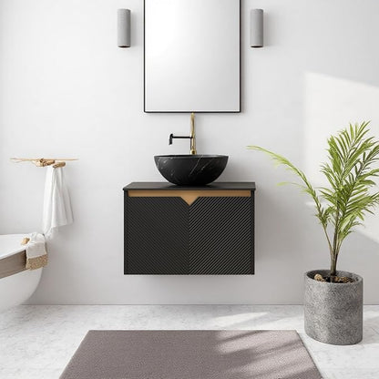 24" Bathroom Vanity with Sink, Wall-Mounted Bathroom Vanity with Black Bowl Ceramic Vessel Basin, Modern Plywood Floating Vanity with Twill Double Doors, Bathroom Storage Cabinet, Black