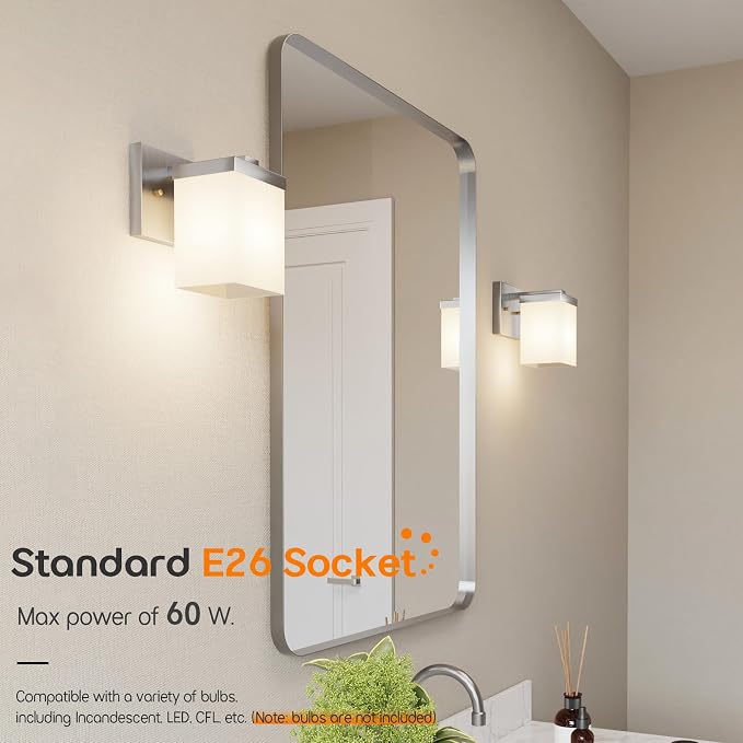 Bathroom Lighting Fixture Brushed Nickel Vanity Light with White Frosted Glass Shade, Wall Lamp Over Mirror for Bedroom Living Room Porch T003BR-L1