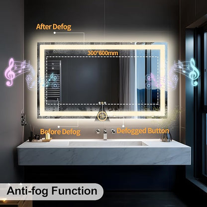48"x28" LED Bathroom Mirror with Lights,Bluetooth Dual Speaker | Anti-Fog,3 Color Temperature,Dimmable Brightness,Memory Function,Waterproof,Wall Mount Design,Tempered Glass