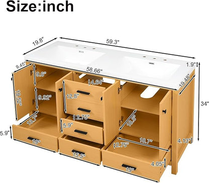 60 Inch Bathroom Vanity with Double SMC Resin Sink, 60 Double Sink Bathroom Vanity, Bathroom Vanity 60" Double Sink with Soft-Close Doors and Drawers, 4 Doors, 5 Drawers, Adjustable Shelves (Wood)