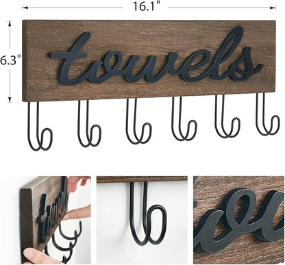 Mkono Wall Mounted Towel Rack, 6 Hooks Rustic Wood Bathroom Towel Hanger | Farmhouse Decor, Space Saving, Decorative Letter Design, Easy Install, Sturdy, Hang Bathrobe clothes, Shower Accessories