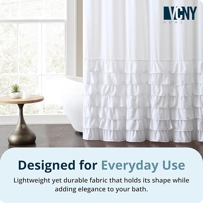 VCNY Home Ruffled Tier Fabric Shower Curtain, Melanie White - 72" x 72" | 100% Polyester | Long Lasting & Easy Clean | Sophisticated Design | Pair with Shower Curtain Liner & Hooks (Not Included)