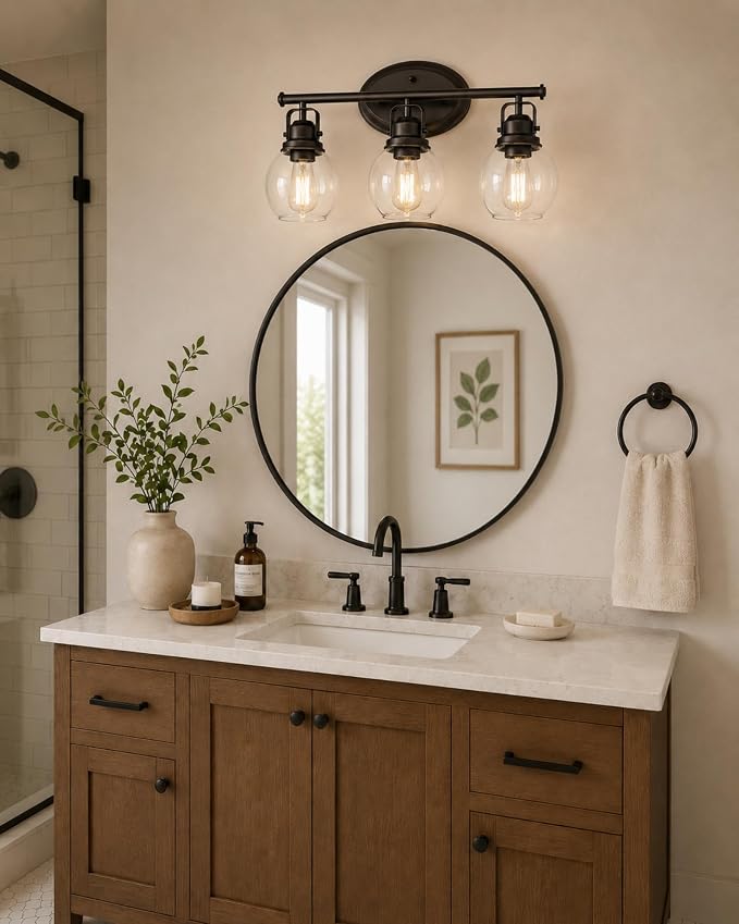 3-Light Farmhouse Bathroom Vanity Light Over Mirror | Oil Rubbed Bronze Vanity Lighting Fixture with Globe Clear Glass, Metal Frame, Wall Mounted, AD-2148-3W