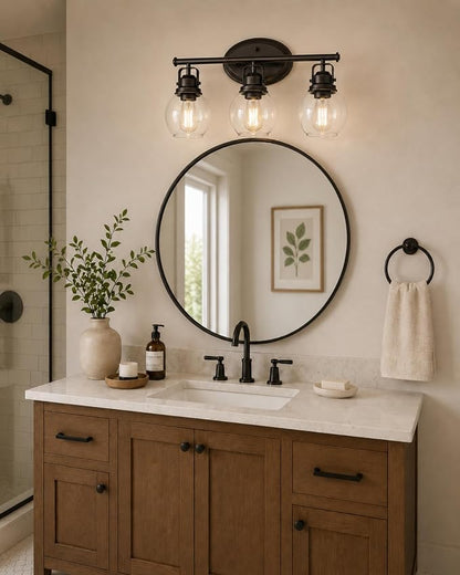 3-Light Farmhouse Bathroom Vanity Light Over Mirror | Oil Rubbed Bronze Vanity Lighting Fixture with Globe Clear Glass, Metal Frame, Wall Mounted, AD-2148-3W