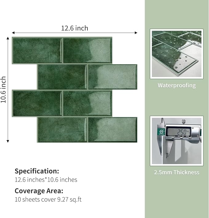 10-Sheet Thick Peel and Stick Kitchen Backsplash Tiles | 3D Subway Waterproof Self-Adhesive Wall Tile Stick on Backsplash for Kitchen and Bathroom(Light Green,12.6"×10.6")
