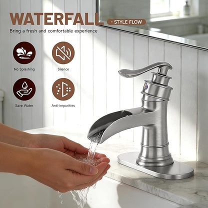 Waterfall Bathroom Faucet Bathroom Sink Faucet Farmhouse Single Handle 1 Hole with Pop Up Drain Assembly Vanity Water Supply Hose, Brushed Nickel