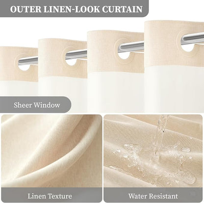72x99 Ringless Linen Textured Shower Curtain with Snap in Liner, Cream | Extra Long Size, 3 in 1 Durable Fabric Shower Curtain, Removable Liner, Waterproof & Washable, Mesh Top Window, Easy Setup