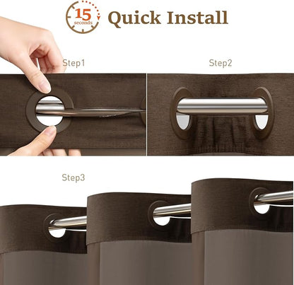 72x81 Ringless Linen Textured Shower Curtain with Snap in Liner, Brown | Tall Size, 3 in 1 Shower Curtain Set, Removable Liner, Waterproof & Washable, Mesh Top Window, Durable Fabric, Easy Setup