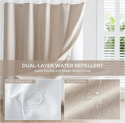 River Dream Linen Textured No Hooks Shower Curtain with Liner,Linen,71x80 | Long,with Snap-in Liner,Heavy Duty Fabric,Quick Dry,Bottom Magnets,Water-Repellent,Washable,Farmhouse Bathroom Set