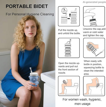 Cute Portable Bidet for Kids, Lovely Baby Bidet Spray Bottle, 300ml Compact Travel Size Camping Peri Bottle With Retractable and Angle-Adjustable Nozzle for Home, Outdoors, Camping & Travel Blue (1pc)
