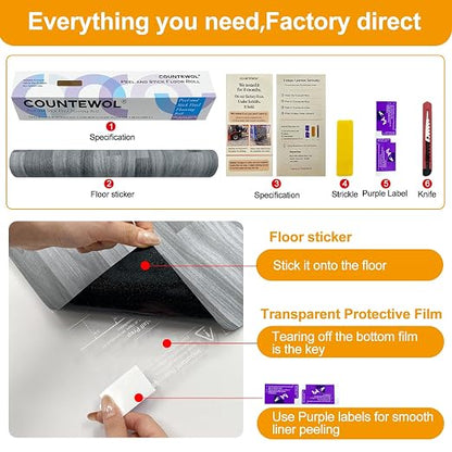 Countewol Peel and Stick Vinyl Flooring Roll Grey Wood Look, Self Adhesive Waterproof Removable PVC Floor Sheet for Apartment Kitchen RV