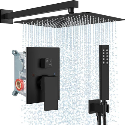 Midanya Shower Faucet Set with Handheld Sprayer,16 Inch,Matte Black | Rough-in Shower Valve and Trim Kit Included,Square Rain Head,Wall Mount Shower System,All Metal,Bathroom