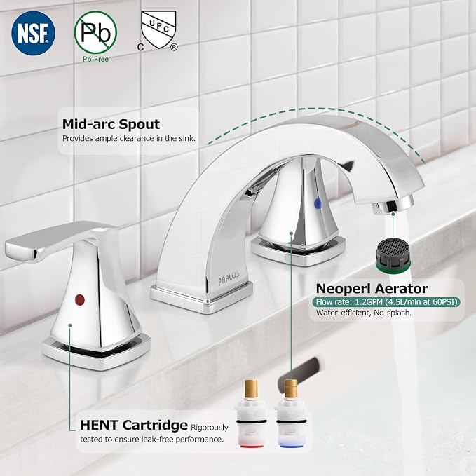 8 Inch Bathroom Sink Faucet Widespread for Vanity, Chrome | Mid Arc, 2 Handle Lead-Free Deck Mount Bathroom Faucet with Pop Up Drain Supply Lines, for 3 Hole Lavatory Utility Sink