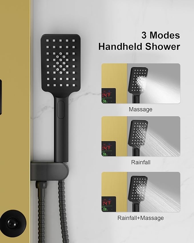 Homevacious Polished Gold 5 In 1 Shower Panel Tower System LED Rain Waterfall Shower Head and Adjustable Massage Body Jets 3 Settings Handheld Head and Tub Spout Stainless Steel Bathroom Panel