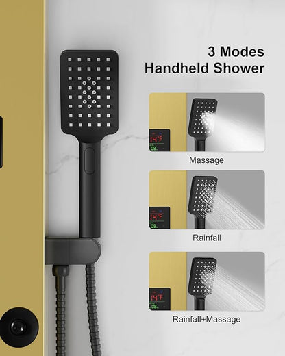 Homevacious Polished Gold 5 In 1 Shower Panel Tower System LED Rain Waterfall Shower Head and Adjustable Massage Body Jets 3 Settings Handheld Head and Tub Spout Stainless Steel Bathroom Panel