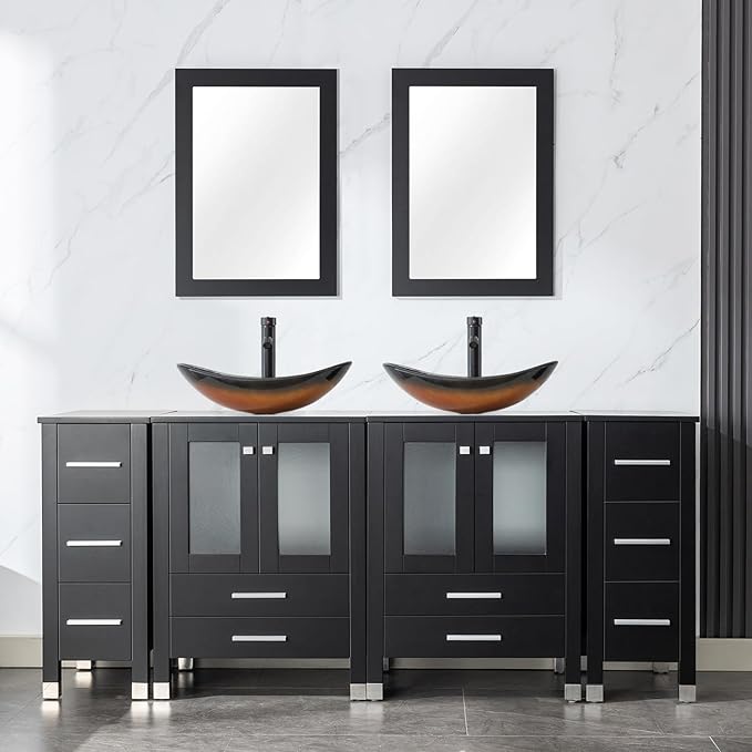 LUCKWIND 72" Double 24-in Bathroom Vanity with Sink Combo, Elegant Series with Two 12.6-in Side Cabinets, Painted Frame, Including Brown Boat Sinks, Faucets Without Mirrors, Black