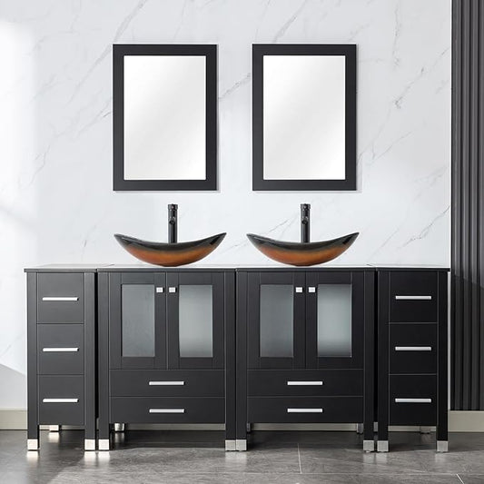 LUCKWIND 72" Double 24-in Bathroom Vanity with Sink Combo, Elegant Series with Two 12.6-in Side Cabinets, Painted Frame, Including Brown Boat Sinks, Faucets Without Mirrors, Black