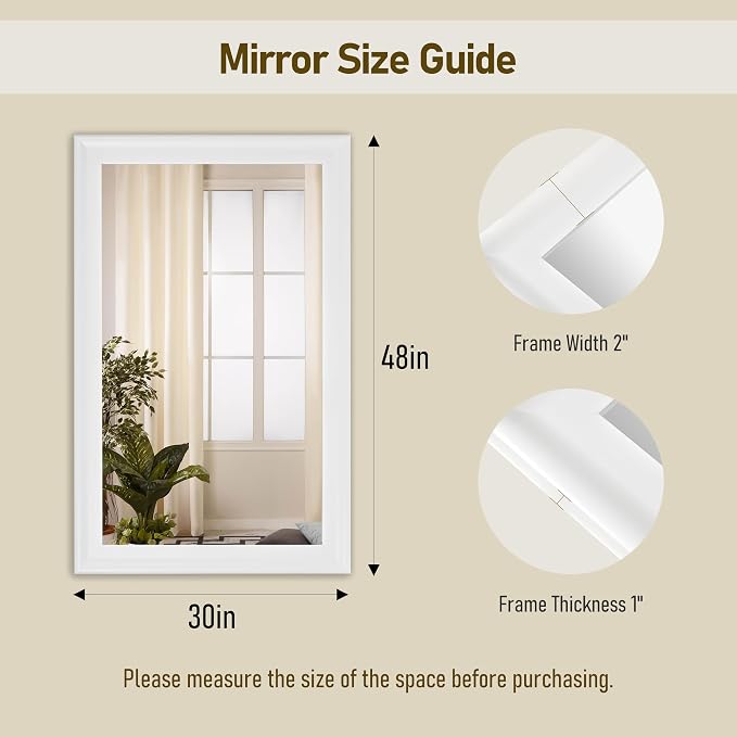White Wall Mirror for Bathroom,Rectangle Large 30 x 48 inch Vanity Mirrors | Rustic Hanging Mirror for Living Room,Bedroom,Entryway
