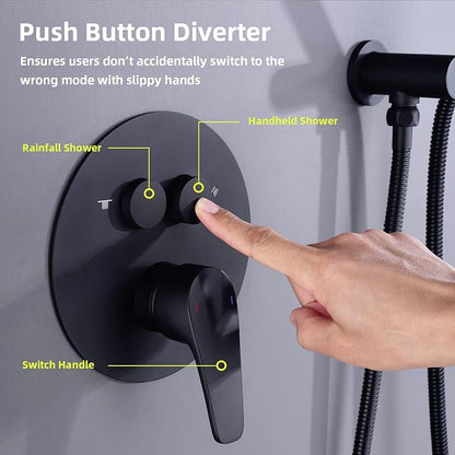 TRUSTMI 10" Push Button Rain Shower, Pressure Balanced Valve, Matte Black | Solid brass wall mount kit with handheld sprayer. cUPC anti-scald valve protects the whole family