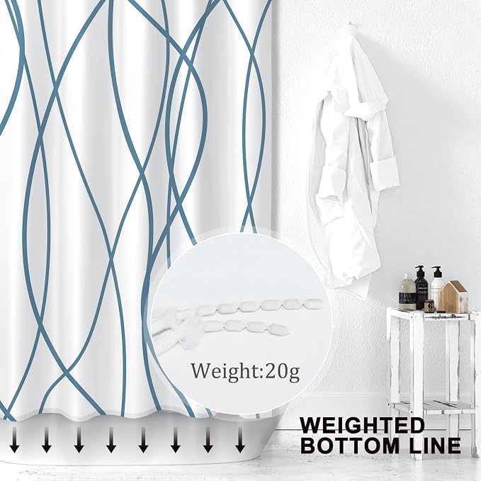 Striped Shower Curtain for Bathroom, Lake Blue, 72" W x 72" L | with Hooks, Modern Hotel Style, Water Repellent, Washable, Weighted Hem