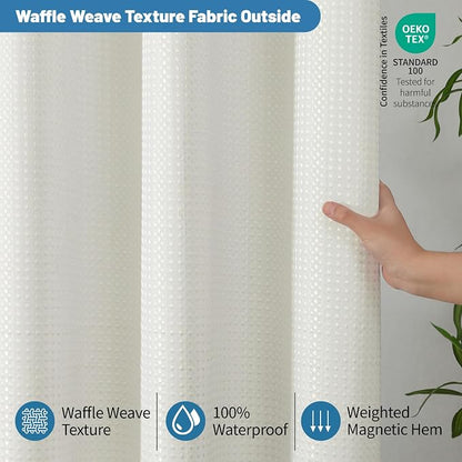 2-in-1 Waterproof Fabric Shower Curtain - No Separate Liner Needed, Hotel-Style Waffle Weave, Effortless Cleaning & Washable Bathroom Shower Curtain Set,72Wx72H,Cream