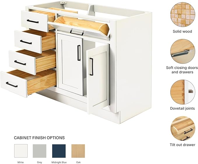 ARIEL Hepburn 42-inch Bathroom Vanity Base Cabinet,Solid Wood, 2 Soft Closing Doors, 5 Dovetail Drawers, White