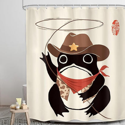 LGhtyro Funny Cowboy Frog Shower Curtain Bathroom Set 60Wx71H Inches Western Rodeo Animal Cute Hat Retro Asian Traditional Japanese Art Bath Accessories Black Beige Art Home Decor Fabric 12 Pack Hooks