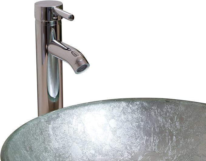 wonline Round Bathroom Foil Tempered Glass Vessel Sink With Faucet and Pop-up Drain Silver Green