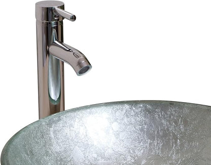 wonline Round Bathroom Foil Tempered Glass Vessel Sink With Faucet and Pop-up Drain Silver Green