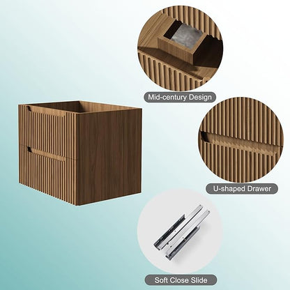 24” Wall-Mount Bathroom Vanity Floating Bathroom Cabinet in Walnut, Sink Basin Not Included