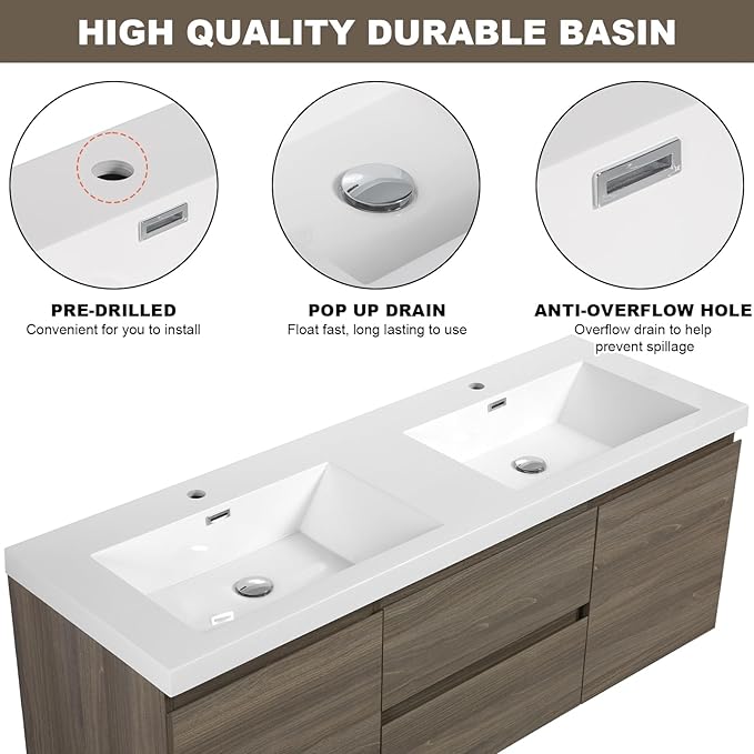 Wall Mounted 60 Inch Bathroom Vanity with Sink, Floating Vanity Bathroom, Double Sink Bathroom Vanity, 2 Drawers, 2 Soft Closing Doors, Resin Integrated Sink (Ash Grey)