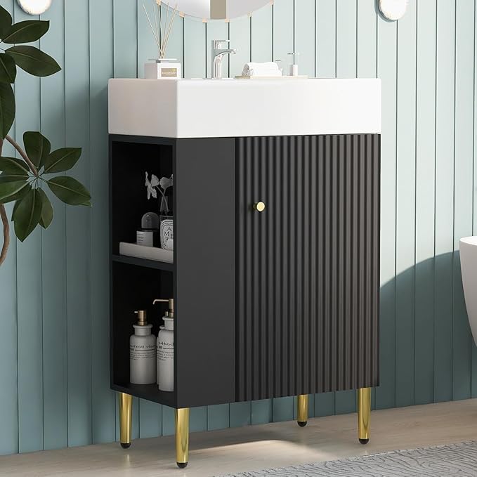 21.6 in Small Bathroom Vanity with Sink,Doors and Storage Shelves,Wood Modern Single Fluted Bathroom Sink Cabinet Freestanding (Black,Left Shelf)
