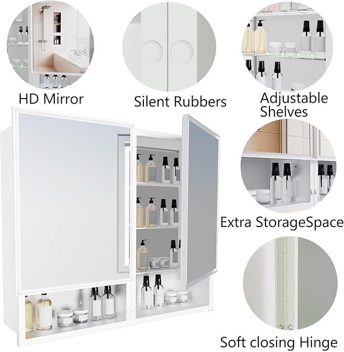 32x26 Inch Medicine Cabinet with Mirror, Bathroom Mirror Cabinet with Double Doors, Extra Storage Space, Bevel Mirror Wall Cabinet, Recessed or Surface Mount