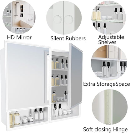 32x26 Inch Medicine Cabinet with Mirror, Bathroom Mirror Cabinet with Double Doors, Extra Storage Space, Bevel Mirror Wall Cabinet, Recessed or Surface Mount