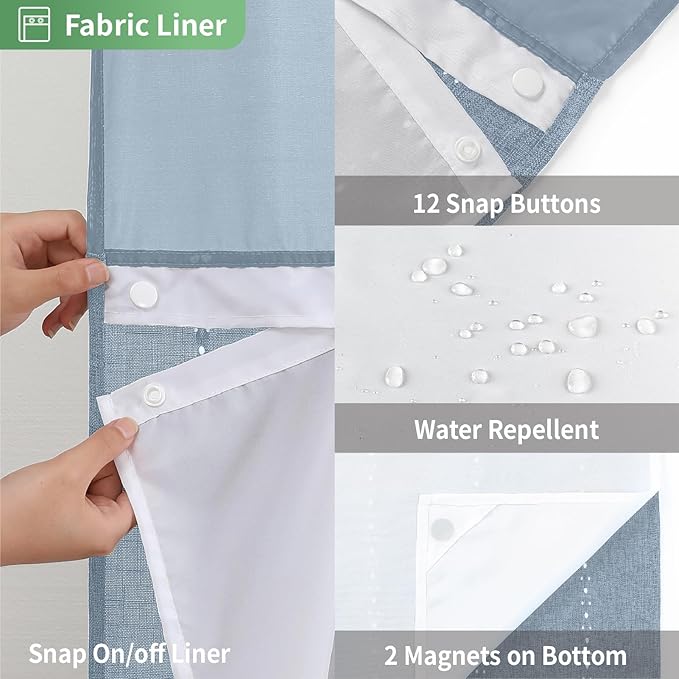 eachope Boho Farmhouse No Hook Shower Curtain Set with Snap-in Fabric Liner,Heavy-Duty Linen Textured Rustic Striped Design,Water-Repellent with Tassels and Sheer Window,Blue,71x74 | Snap-in Liner,330GSM Thick Linen Textured Rustic Striped Design,Water...