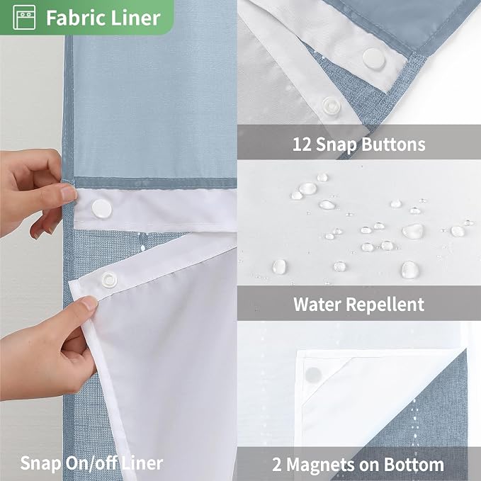 eachope No Hook Extra Long Shower Curtain Set with Snap-in Liner,Linen Textured Thick Striped Fabric with Tassels,Boho Chic Modern Farmhouse Bathroom Curtain,Water-Repellent,Blue,71x86 | 330GSM Thick Linen Textured Striped Fabric with Tassels,Snap-in L...