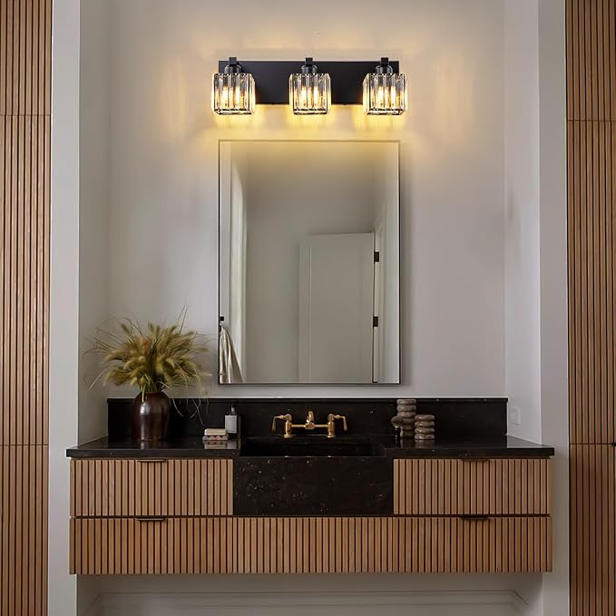 Black Vanity Light, 19.7" Modern Crystal Bathroom Light Fixtures Over Mirror 3-Light Bathroom Vanity Light