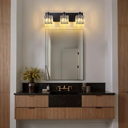 Black Vanity Light, 19.7" Modern Crystal Bathroom Light Fixtures Over Mirror 3-Light Bathroom Vanity Light