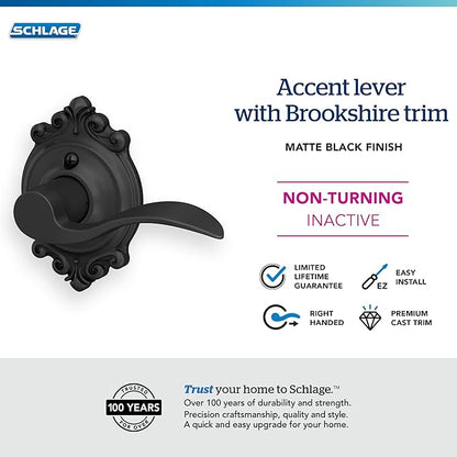 SCHLAGE Accent Lever with Brookshire Trim Non-Turning Lock in Matte Black - Right Handed