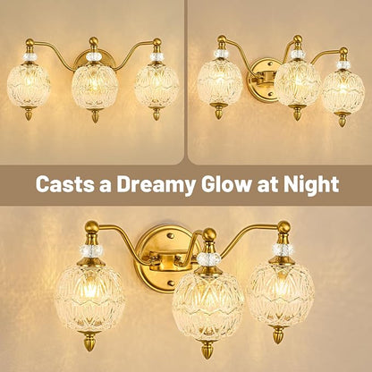 Vintage Bathroom Vanity Light, 3-Light Mid Century Brushed Gold Finish Wall Sconce with Globe Glass Shades, Retro Mirror Light for Bathroom, Powder Room