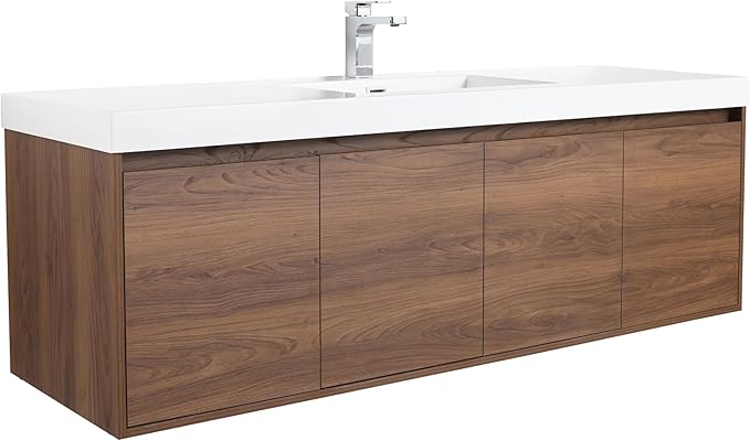 Blossom 60 Inch Bathroom Vanity with Sink, Wall Mounted Floating Bathroom Vanity Cabinet with Acrylic Sink, All Wood Soft Close Doors and Storage, Space Saving Design, Brown Walnut Finish