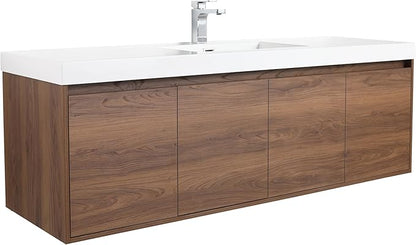 Blossom 60 Inch Bathroom Vanity with Sink, Wall Mounted Floating Bathroom Vanity Cabinet with Acrylic Sink, All Wood Soft Close Doors and Storage, Space Saving Design, Brown Walnut Finish