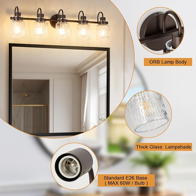 5 Lights Bathroom Vanity Light, Oil Rubbed Bronze Bathroom Light Fixtures with Hammered Glass Lampshade for Dressing Table,Over Mirror,Hallway