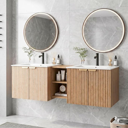 60 Inch Floating Bathroom Vanity with Double Sink, Bathroom Double Sink Cabinet with Soft Close Door Waterproof Storage, Wood Color