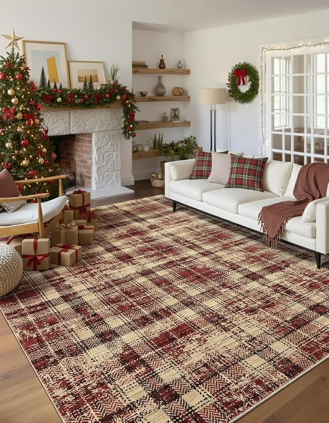 Washable Rugs 8x10 Rug for Living Room Bedroom Rug Modern Plaid Area Rug Soft Carpet 8'x10' Red