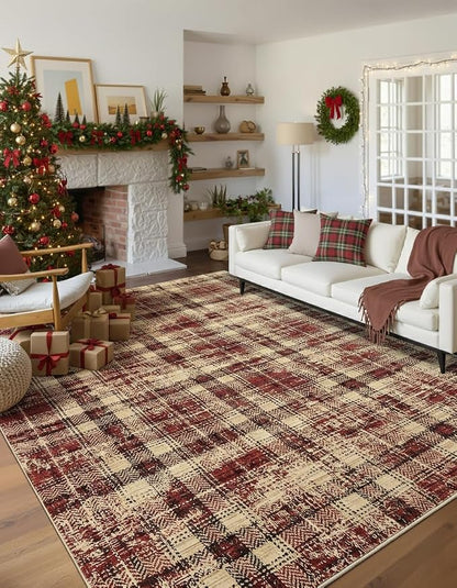 Washable Rugs 8x10 Rug for Living Room Bedroom Rug Modern Plaid Area Rug Soft Carpet 8'x10' Red