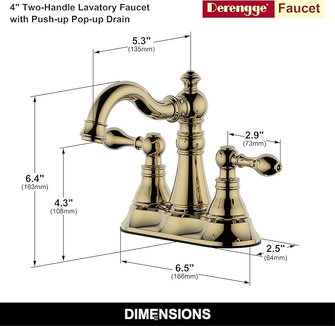 Two Handle Polished Brass Bathroom Faucet 3 Hole with Pop up Drain Assembly, Classic 4 Inch Centerset Lavatory Faucet with 360° Swivel Spout,F-0048-PB