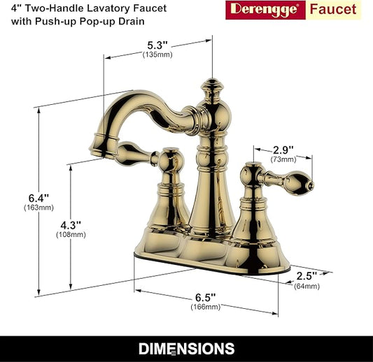 Two Handle Polished Brass Bathroom Faucet 3 Hole with Pop up Drain Assembly, Classic 4 Inch Centerset Lavatory Faucet with 360° Swivel Spout,F-0048-PB