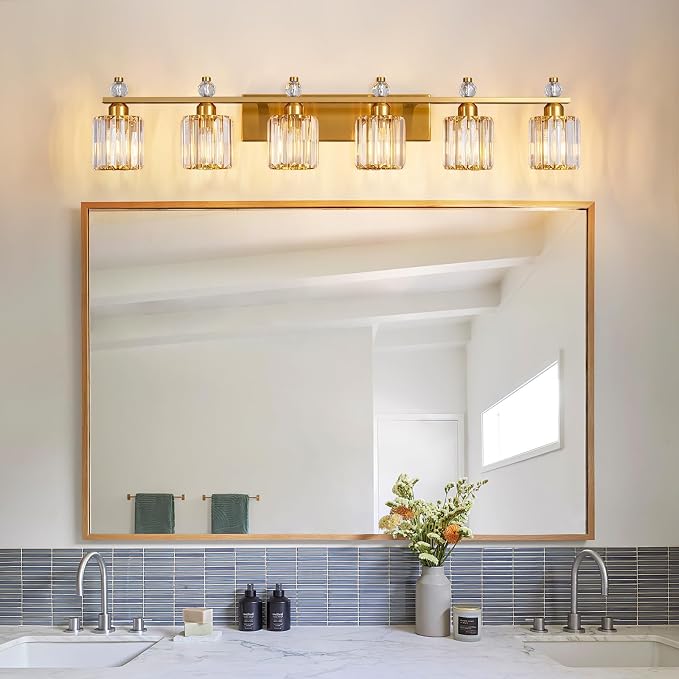 Bathroom Vanity Lights 6-Light Gold Modern Crystal Vanity Light Fixtures Over Mirror Crystal Bathroom Vanity Lighting Fixtures