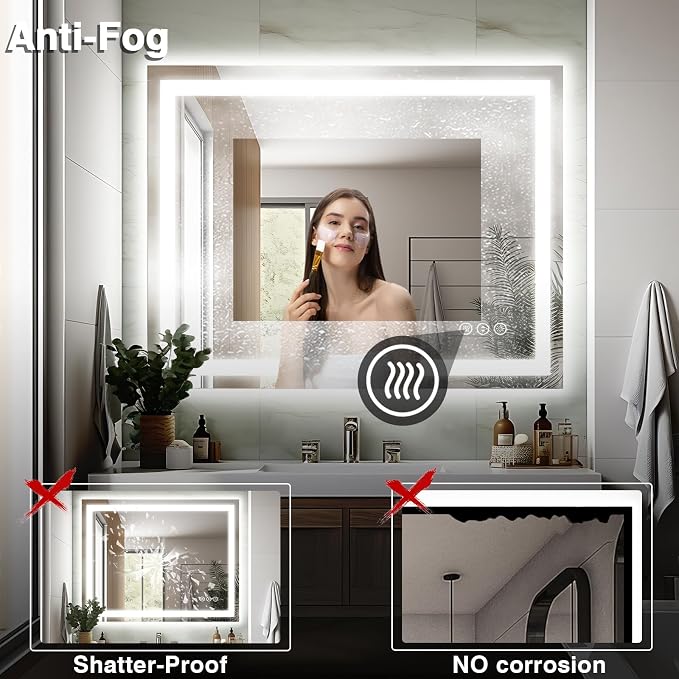 EchosLife 40"x32" LED Bathroom Mirrors for Wall | Backlit + Front Lit, Anti-Fog, Stepless Dimmable, 3 Colors, Memory, Tempered Glass, UL Listed, Horizontal/Vertical